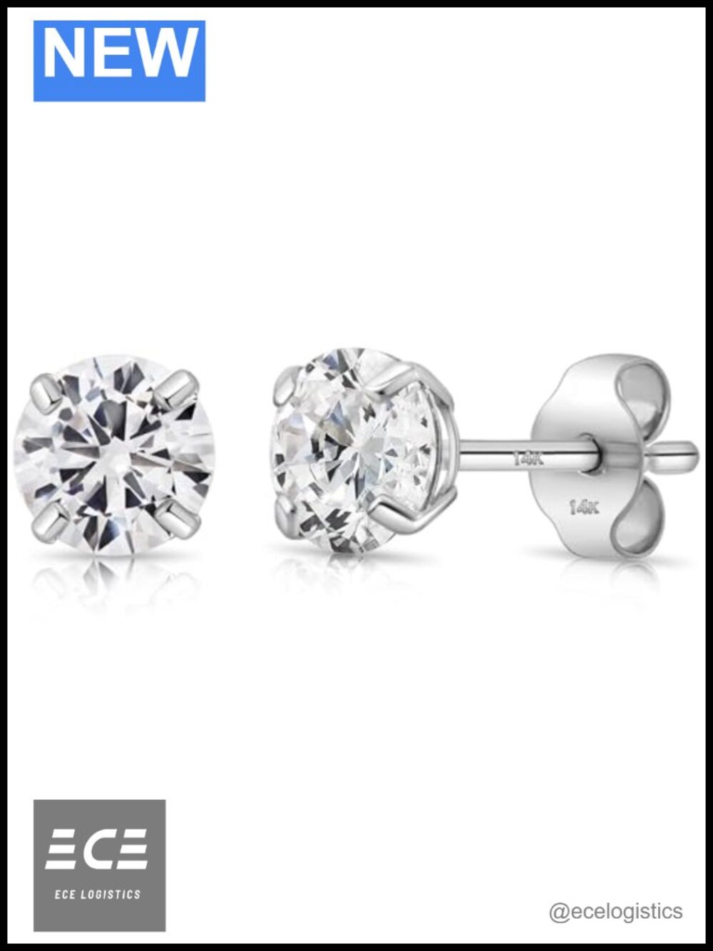 14K White Gold Cubic Zirconia Stud Earrings Round Solitaire Push Back